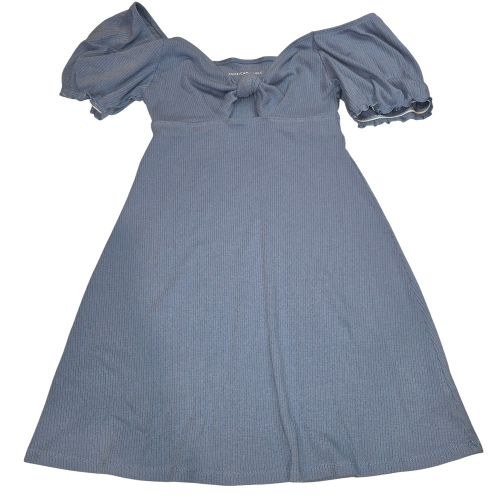 American Eagle Blue Ribbed Tie-Front‎ Puff Sleeve A-Line Mini Dress SZ S